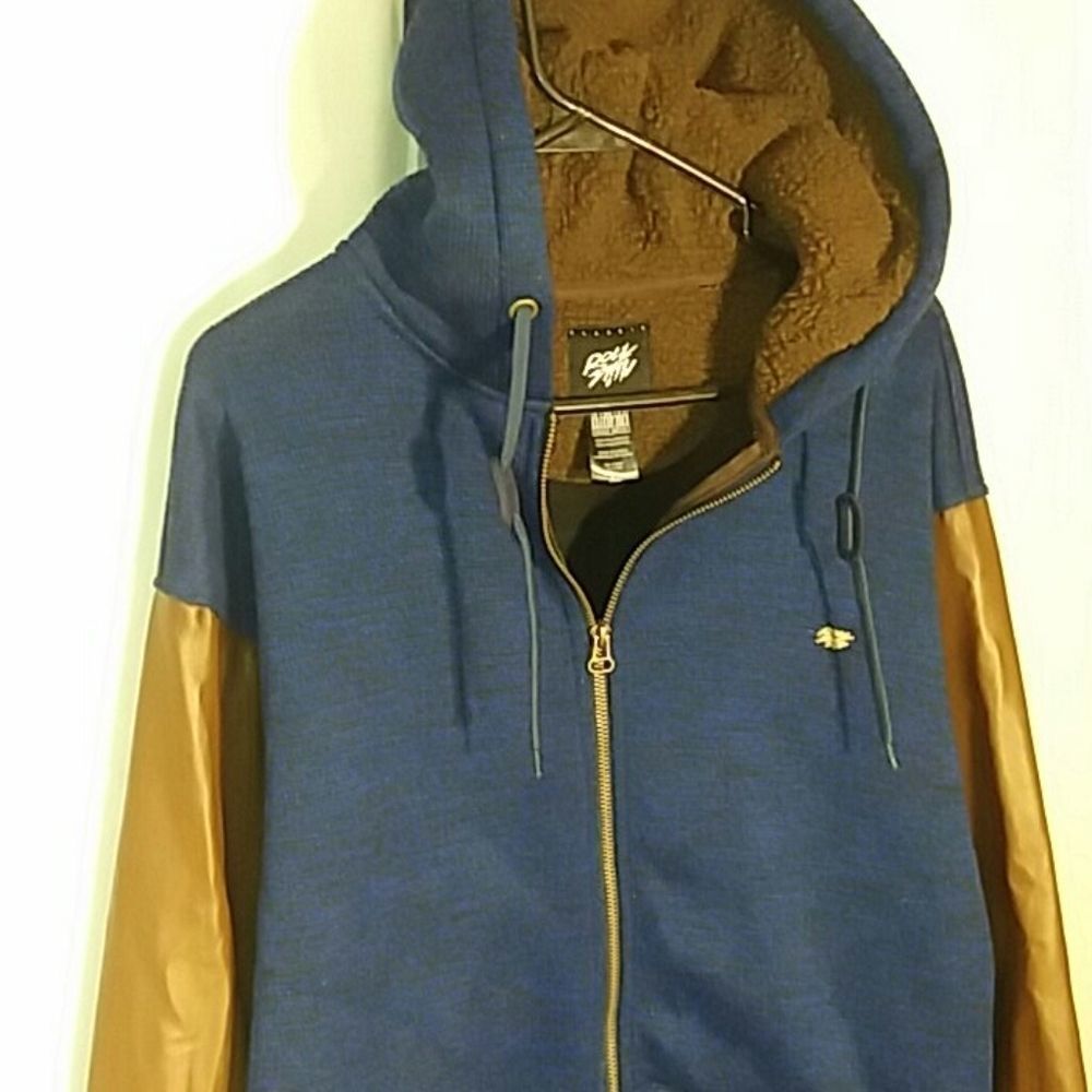 Rocksmith varsity jacket EUC blue knit tan leather long sleeve coat hood mens XL